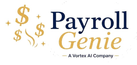 Payroll Genie logo featuring golden dollar signs and stars with navy blue and gold text, a Vortex AI Company