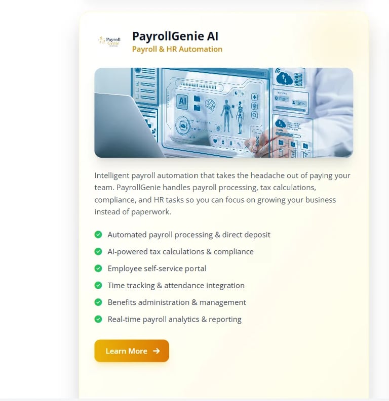 PayrollGenie AI payroll automation software interface showing features like automated processing, tax calculations, employee portal, and real-time analytics.